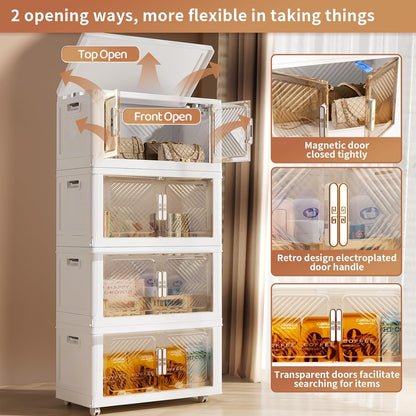 Storage Bins Storage Containers with Wheels and Magnetic Doors, Plastic Clothes Closet Organizers and Storage Box for Home and Office