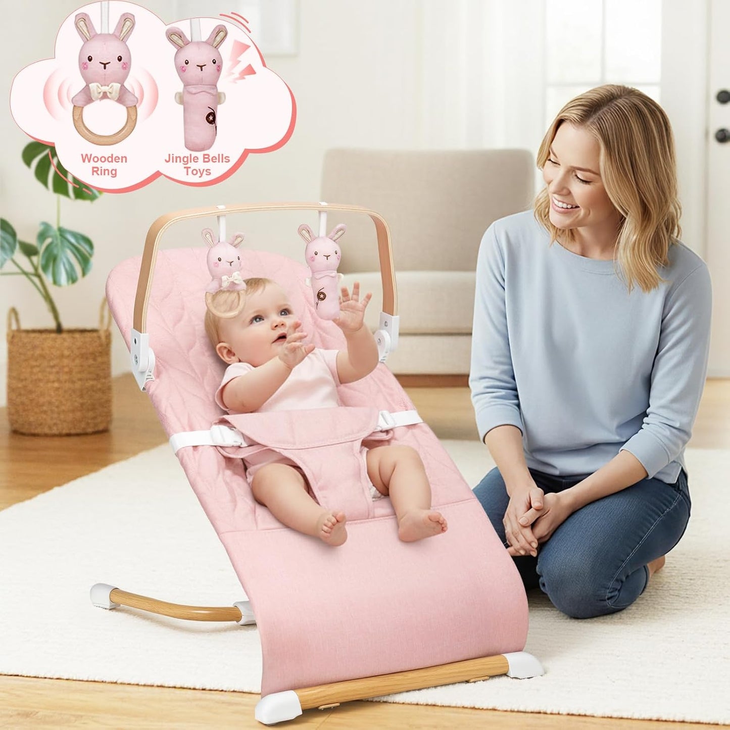 PRVAETU 3 in 1 Baby Bouncer (Sit, Play & Relax),3 Recline Positions,Foldable Baby Rocker Chair W/ Removable Wooden Bar for 0-12 Months Infant & Toddler