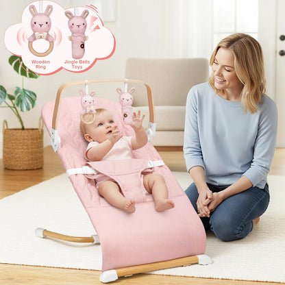 PRVAETU 3 in 1 Baby Bouncer (Sit, Play & Relax),3 Recline Positions,Foldable Baby Rocker Chair W/ Removable Wooden Bar for 0-12 Months Infant & Toddler