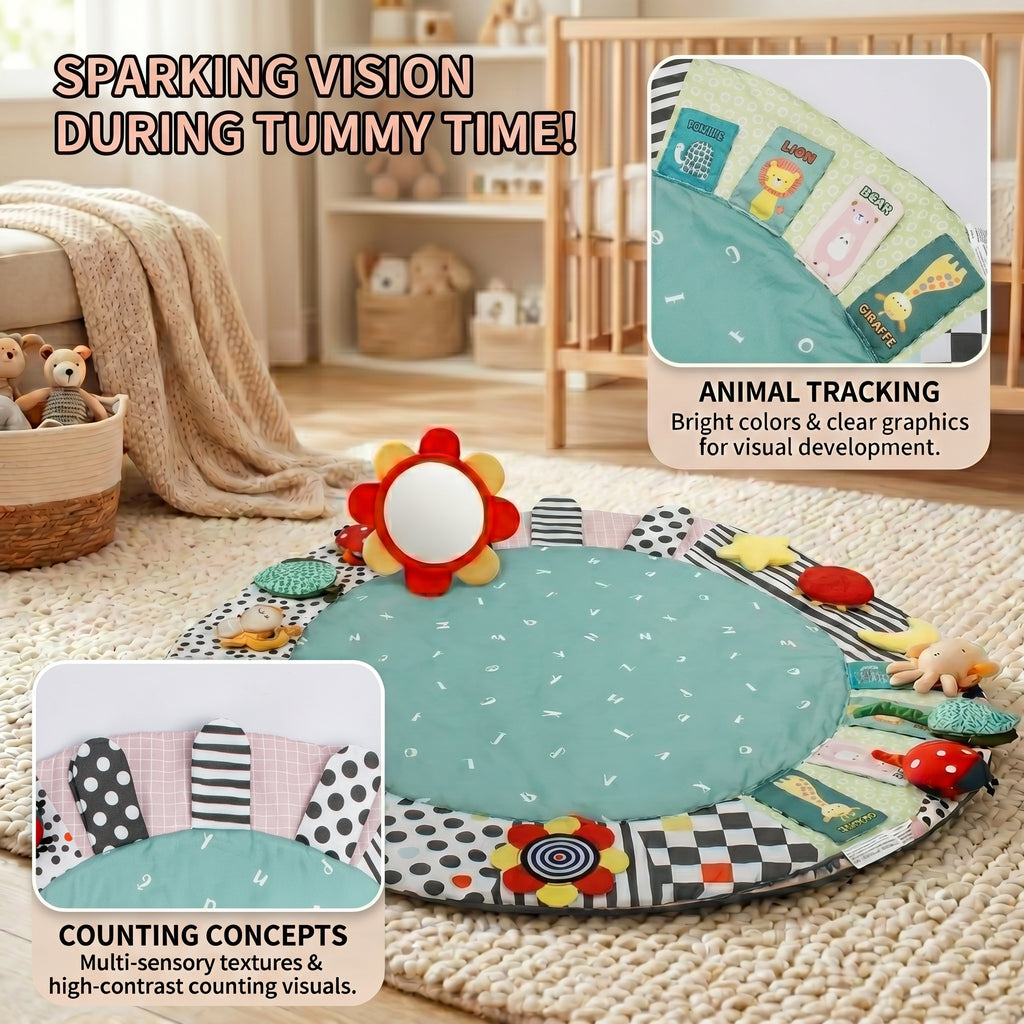 SY-Baby Play Mat with Wooden Play Gym and Detachable Sensory Toys for Infants, Tummy Time Activity Mat, Newborn Baby Gift