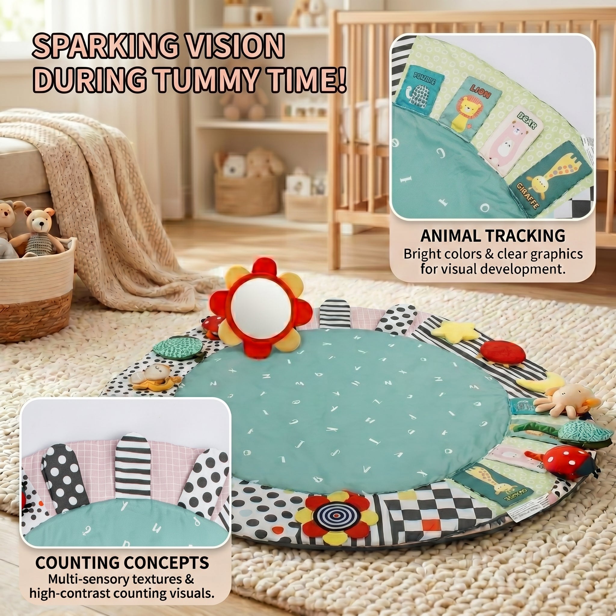 SY-Baby Play Mat with Wooden Play Gym and Detachable Sensory Toys for Infants, Tummy Time Activity Mat, Newborn Baby Gift