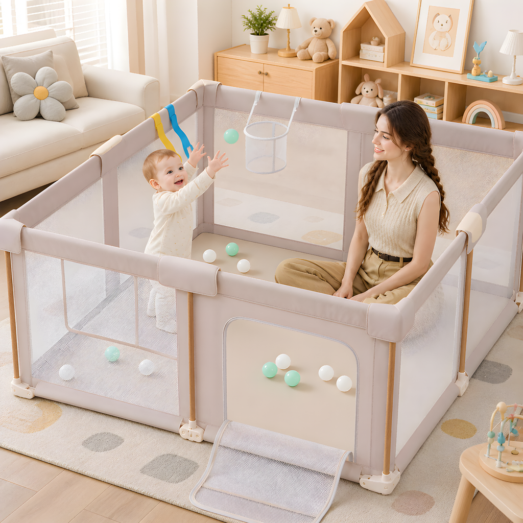PRVAETU Foldable Baby Playpen with 50 Ocean Balls,Collapsible Play Pen for Babies and Toddlers,Khaki
