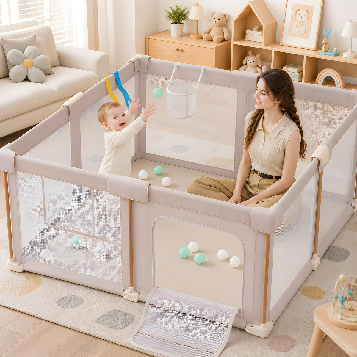 PRVAETU Foldable Baby Playpen with 50 Ocean Balls,Collapsible Play Pen for Babies and Toddlers,Khaki