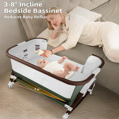PRVAETU 4 in 1 Baby Bassinet Bedside Sleeper W/ Wheels,Storage Basket,Adjustable 7 Heights,Mosquito Net,Breathable Mesh Cradle for Infants Toddler