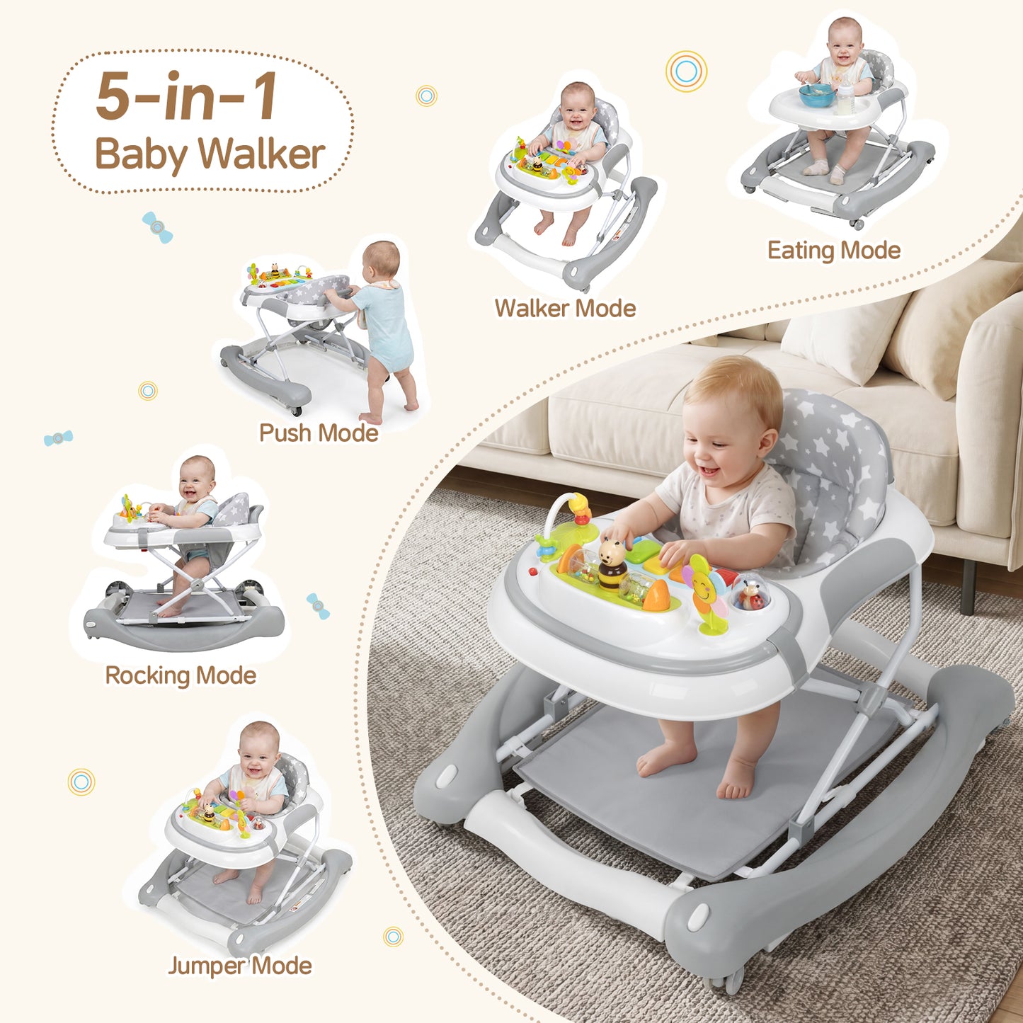 SH-PRVAETU 5 in 1 Baby Walker,Jumper,Rocking,Push,Eating Mode for Boys Girls,Foldable,Music & Light,Height Adjustable,Wheel for Infant,