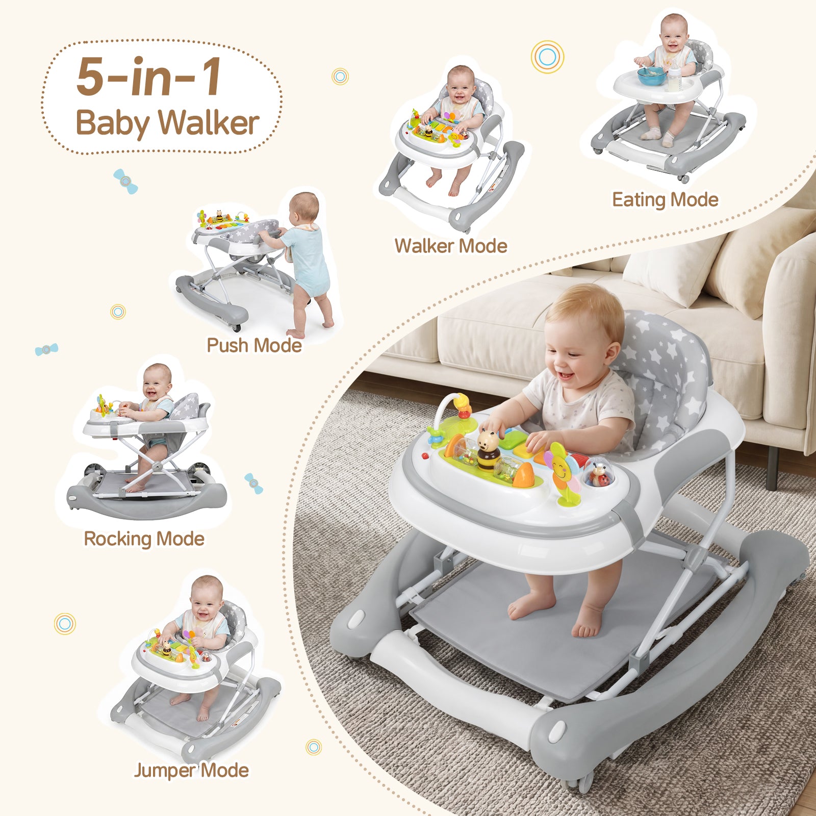 SH-PRVAETU 5 in 1 Baby Walker,Jumper,Rocking,Push,Eating Mode for Boys Girls,Foldable,Music & Light,Height Adjustable,Wheel for Infant,