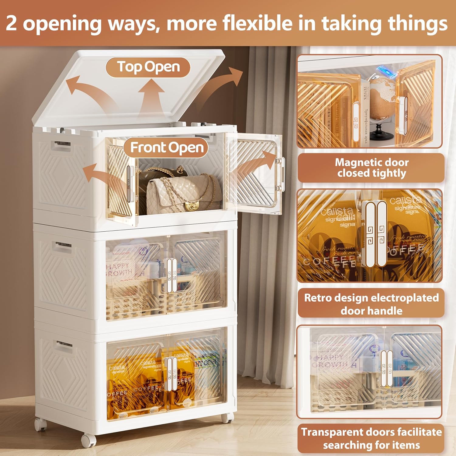 Storage Bins Storage Containers with Wheels and Magnetic Doors, Plastic Clothes Closet Organizers and Storage Box for Home and Office