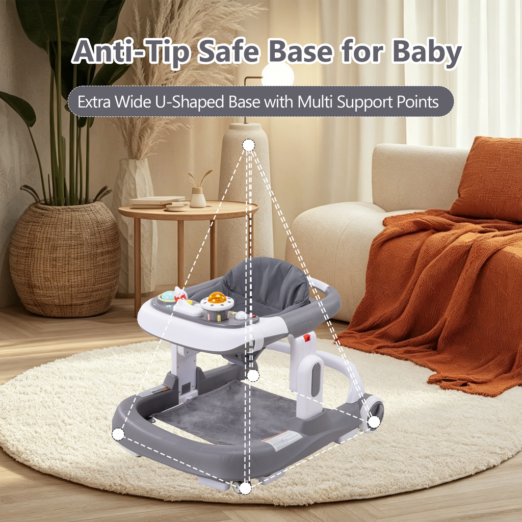 4-in-1 Baby Walker with Wheels, Adjustable Height, Music and Light for Girls Boys Infant 6-18 Months