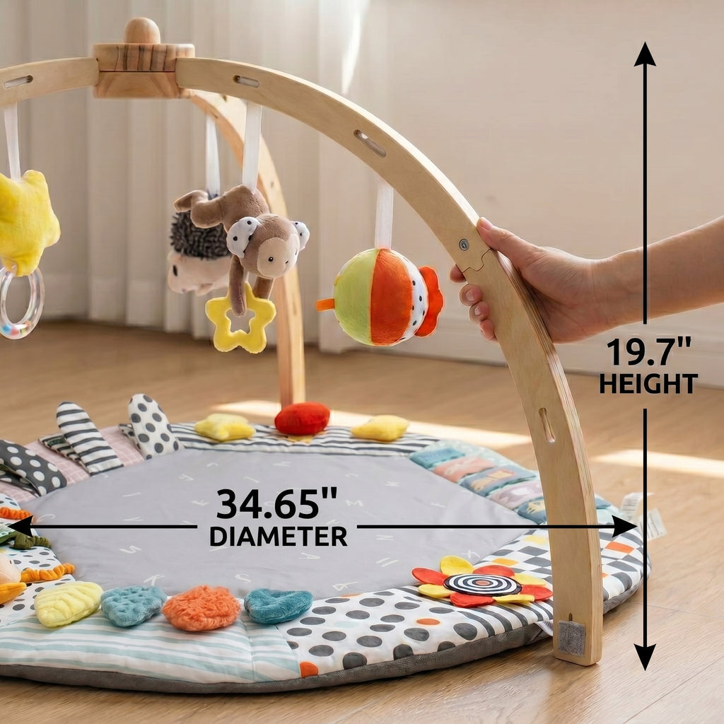 SY-Baby Play Mat with Wooden Play Gym and Detachable Sensory Toys for Infants, Tummy Time Activity Mat, Newborn Baby Gift