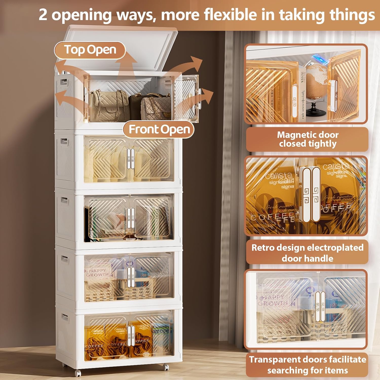 Storage Bins Storage Containers with Wheels and Magnetic Doors, Plastic Clothes Closet Organizers and Storage Box for Home and Office