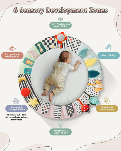 PRVAETU Wooden Baby Gym Play Mat, Foldable Tummy Time Playmat W/ 7 Detachable Toys for Infant Newborn Toddler Motor Skills Sensory Development