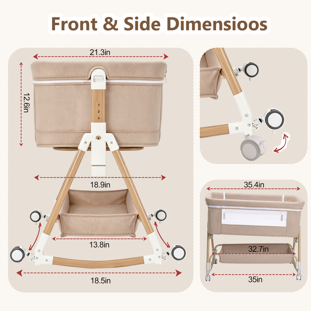 PRVAETU Baby Bassinet, 3-in-1 Baby Bassinet Bedside Sleeper with Wheels, Adjustable Easy Folding Portable Rocking Crib for Infant Newborn (Khaki)