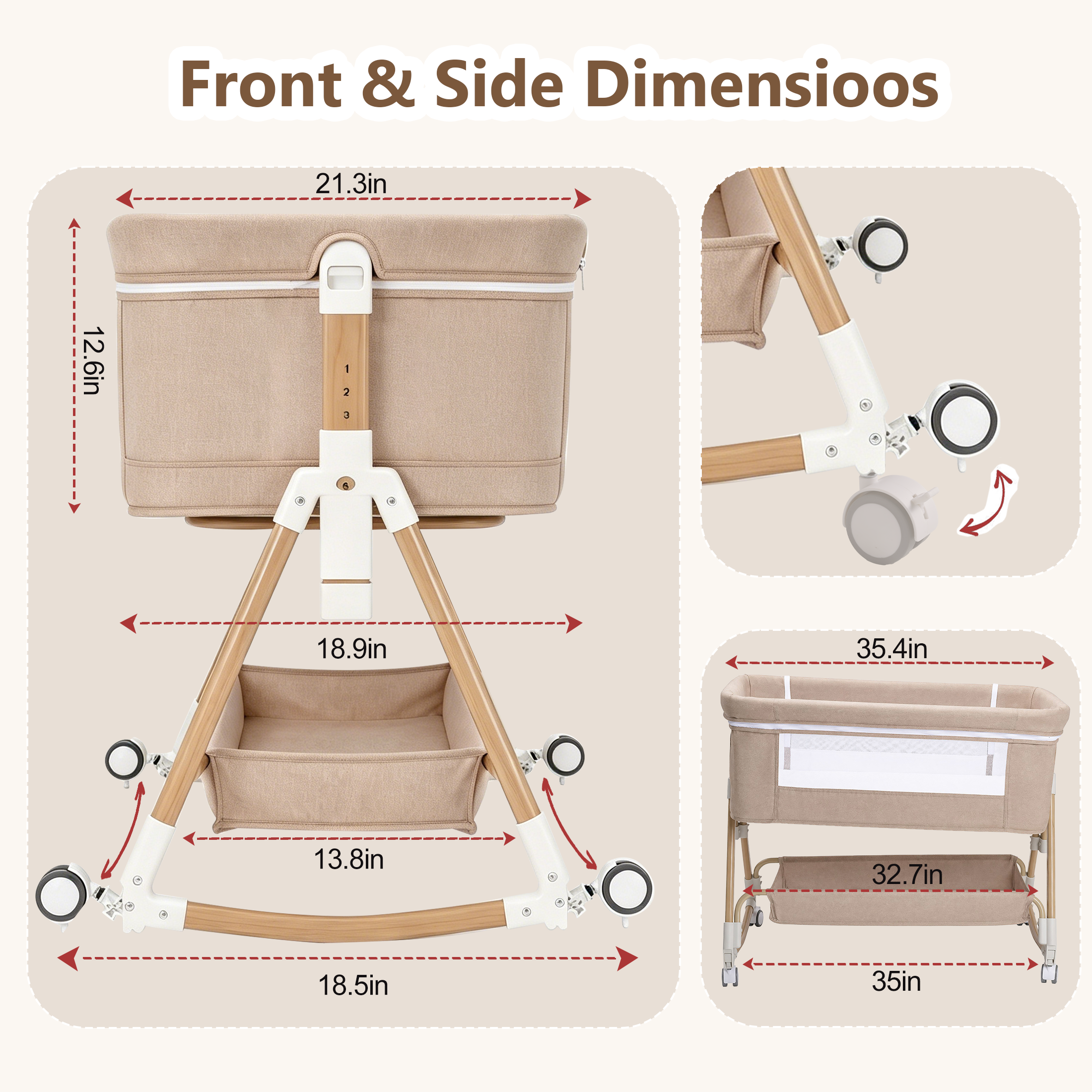 PRVAETU Baby Bassinet, 3-in-1 Baby Bassinet Bedside Sleeper with Wheels, Adjustable Easy Folding Portable Rocking Crib for Infant Newborn (Khaki)