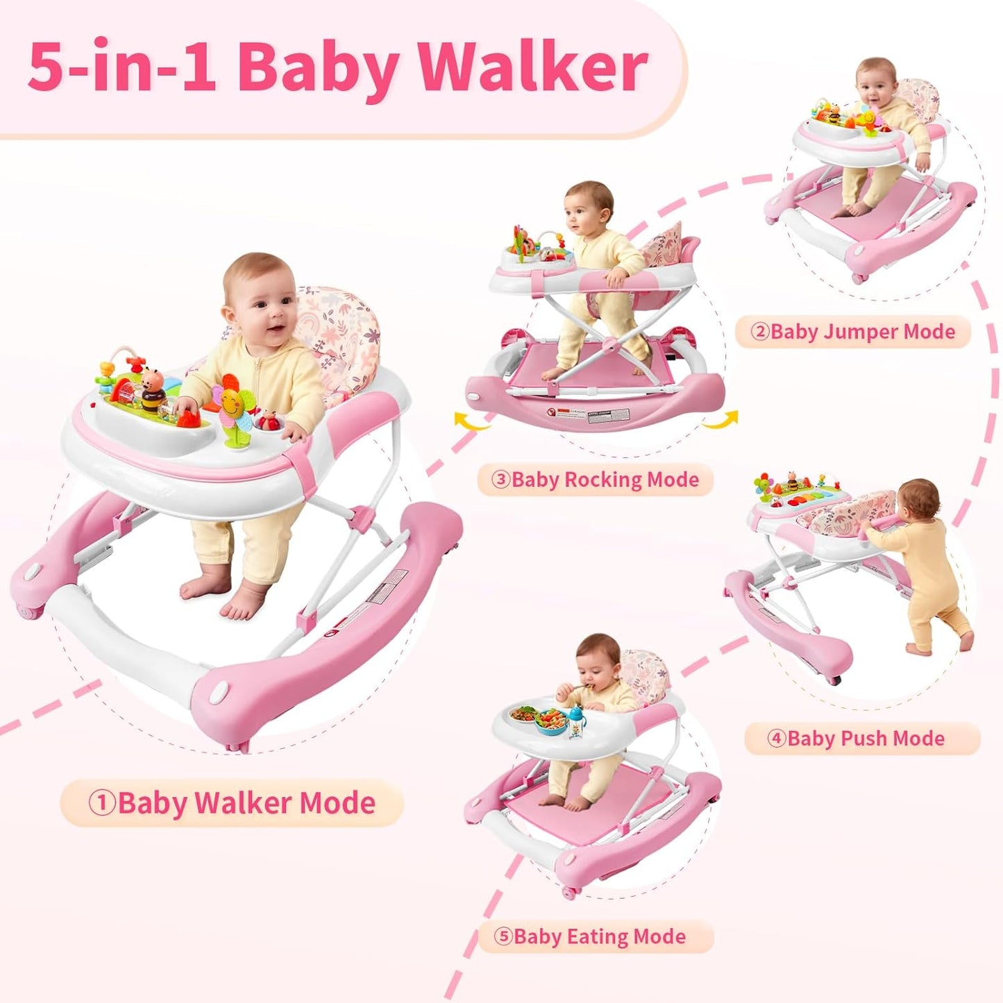 PRVAETU 5 in 1 Baby Walker (Walk,Jumper,Rocking,Push,Eating Mode) for Boys Girls,Foldable,Music & Light,Height Adjustable,Wheels for Infant Babies