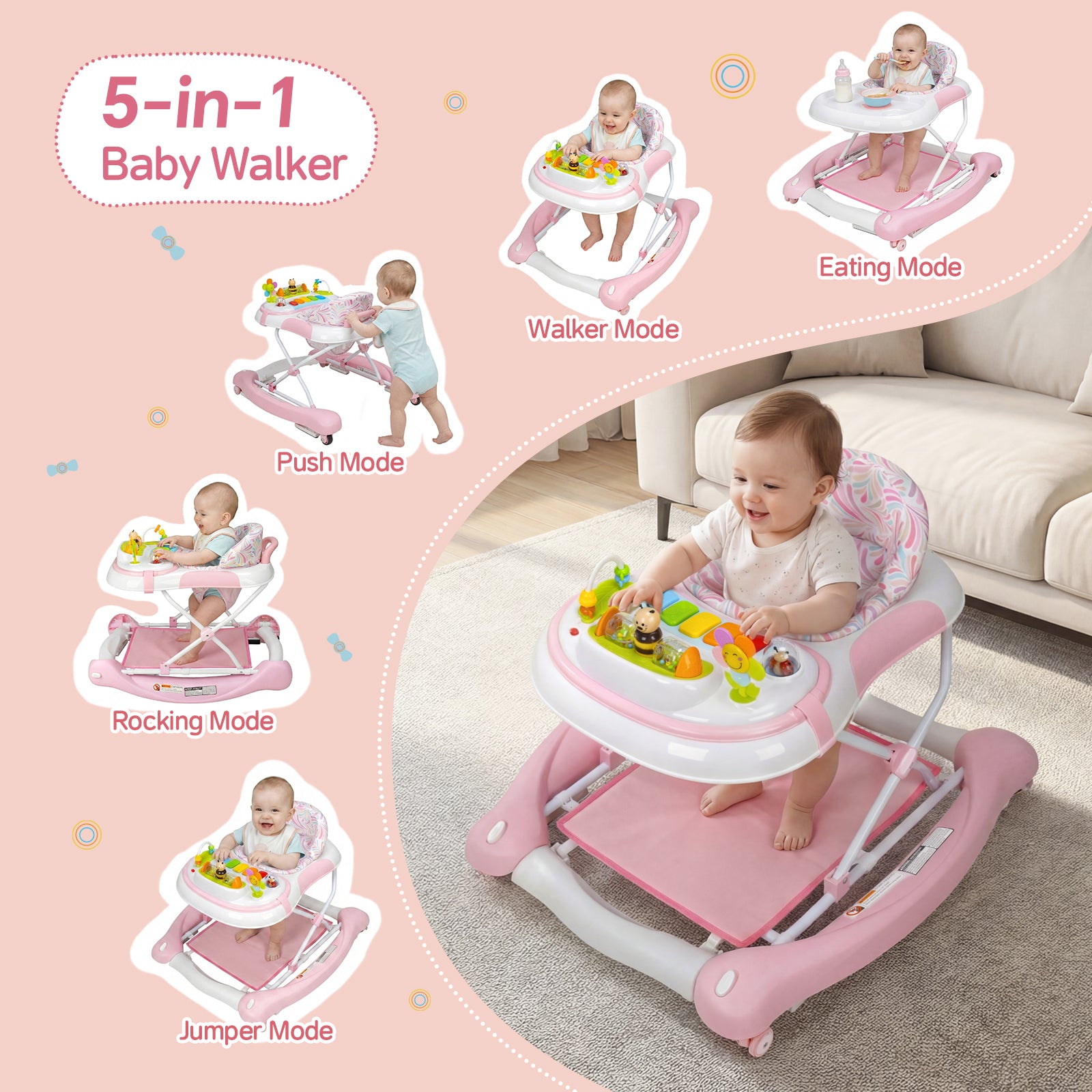 SH-PRVAETU 5 in 1 Baby Walker,Jumper,Rocking,Push,Eating Mode for Boys Girls,Foldable,Music & Light,Height Adjustable,Wheel for Infant,