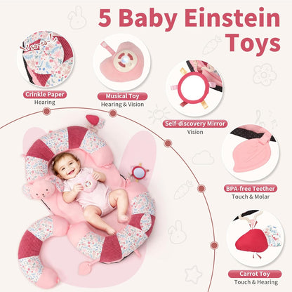 PRVAETU 2in1 Tummy Time & Seat Support Baby Play Mat with 5 Sensory Toys, Baby Floor Seat for Sitting, Soft, Supportive, Essentials Development Gifts for Newborn Infant