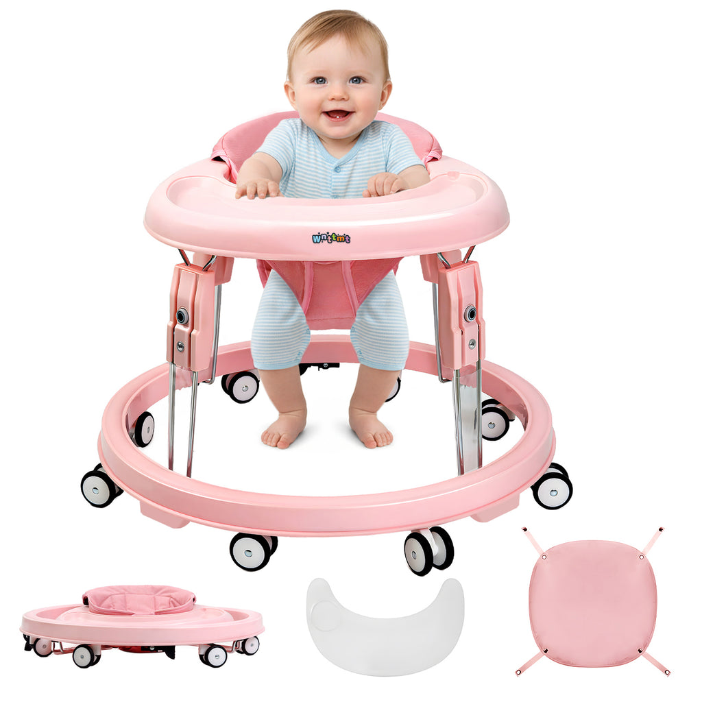 PRVAETU Foldable Baby Walker Activity Center W/ Wheels,Height Adjustable W/ Dinner Plate & Foot Pad for 6-18 Months Babies Infant Boys Girls
