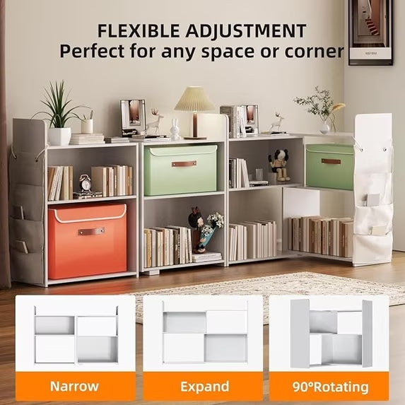 PRVAETU 4 Cube Storage Organizer, 32inch Wooden Extendable Book Shelf DIY Bookcase with 2 pcs Storage Cabinet and Side Pockets, Open Storage Cabinet for Living Room, Bedroom, Home, Office