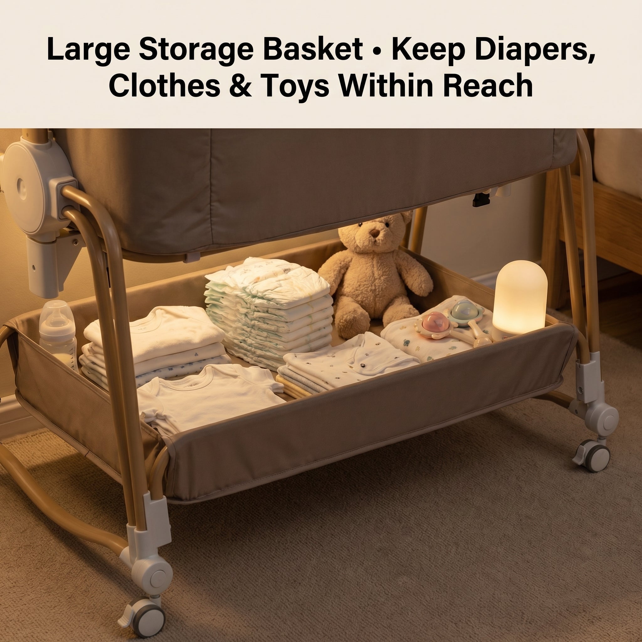 Baby Bassinet, Bedside Bassinet for Baby, Bassinet Bedside Sleeper with Mattress, Storage Basket and 4 Auto-Lock Wheels, Full-Mesh Sides, Bedside Mini Crib for Newborn (Beige)