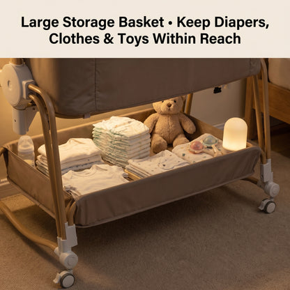Baby Bassinet, Bedside Bassinet for Baby, Bassinet Bedside Sleeper with Mattress, Storage Basket and 4 Auto-Lock Wheels, Full-Mesh Sides, Bedside Mini Crib for Newborn (Beige)