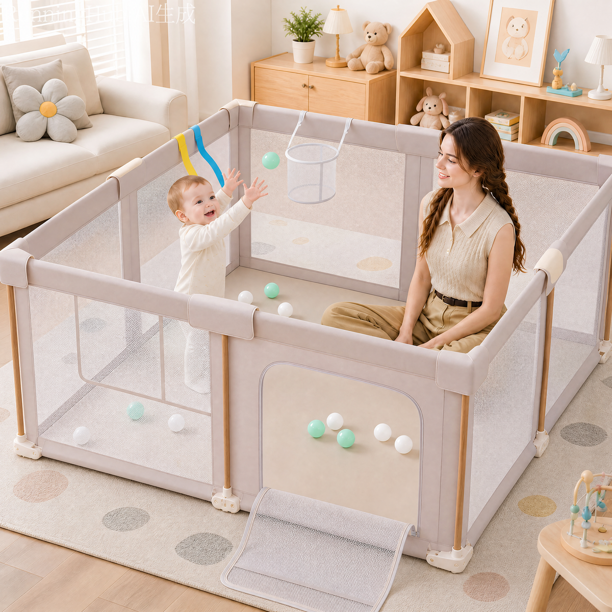 PRVAETU Foldable Baby Playpen with 50 Ocean Balls,Collapsible Play Pen for Babies and Toddlers,Khaki