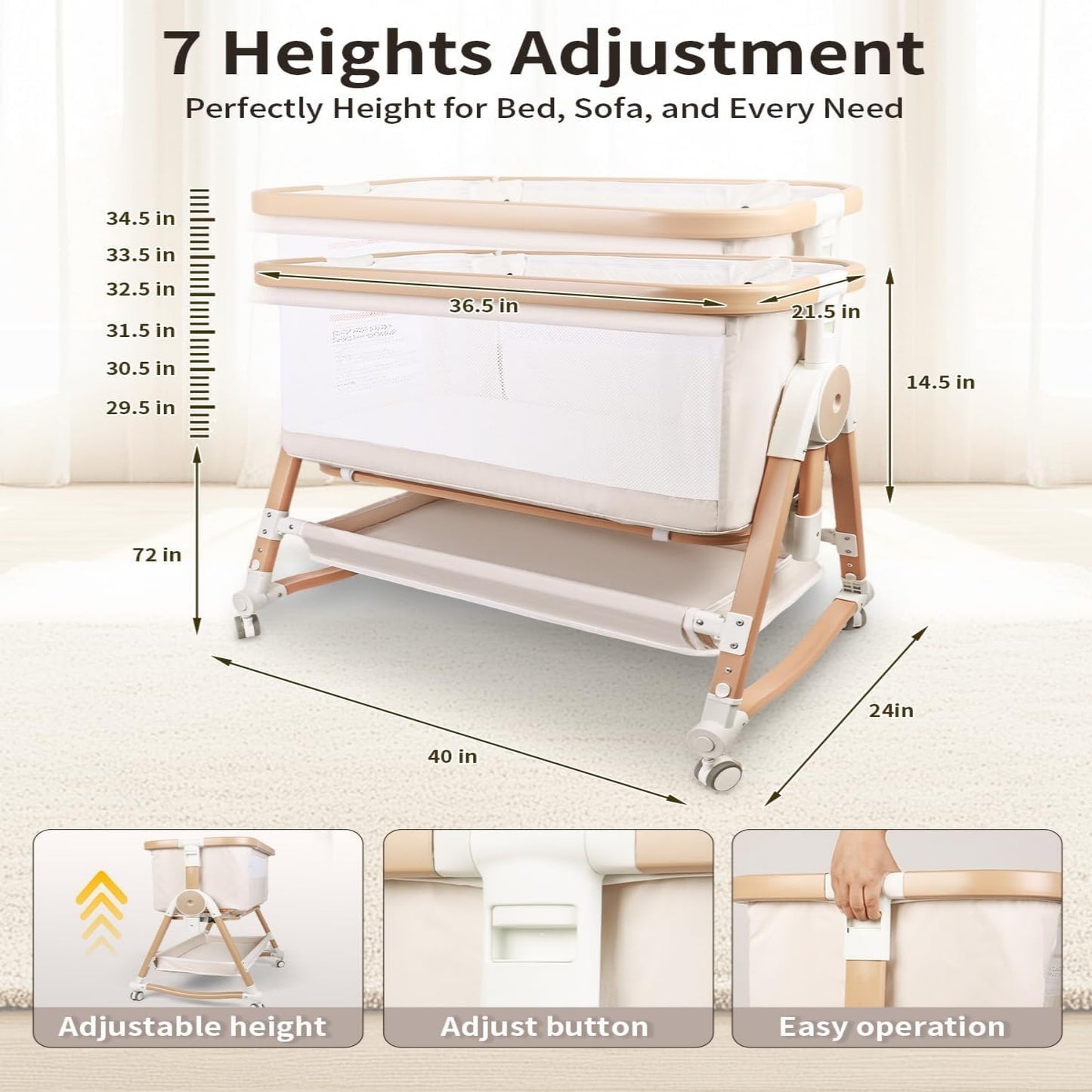 PRVAETU 4 in 1 Baby Bassinet Bedside Sleeper W/ Wheels,Storage Basket,Adjustable 7 Heights,Mosquito Net,Breathable Mesh Cradle for Infants Toddler