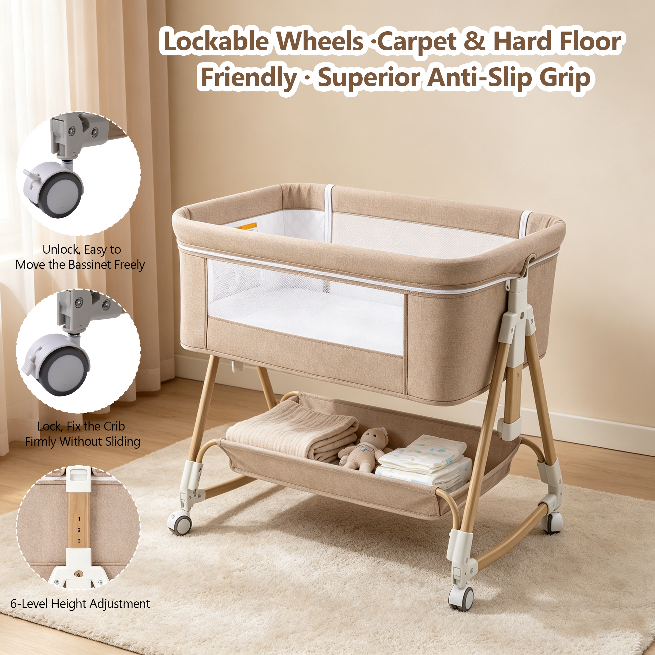 PRVAETU Baby Bassinet, 3-in-1 Baby Bassinet Bedside Sleeper with Wheels, Adjustable Easy Folding Portable Rocking Crib for Infant Newborn (Khaki)