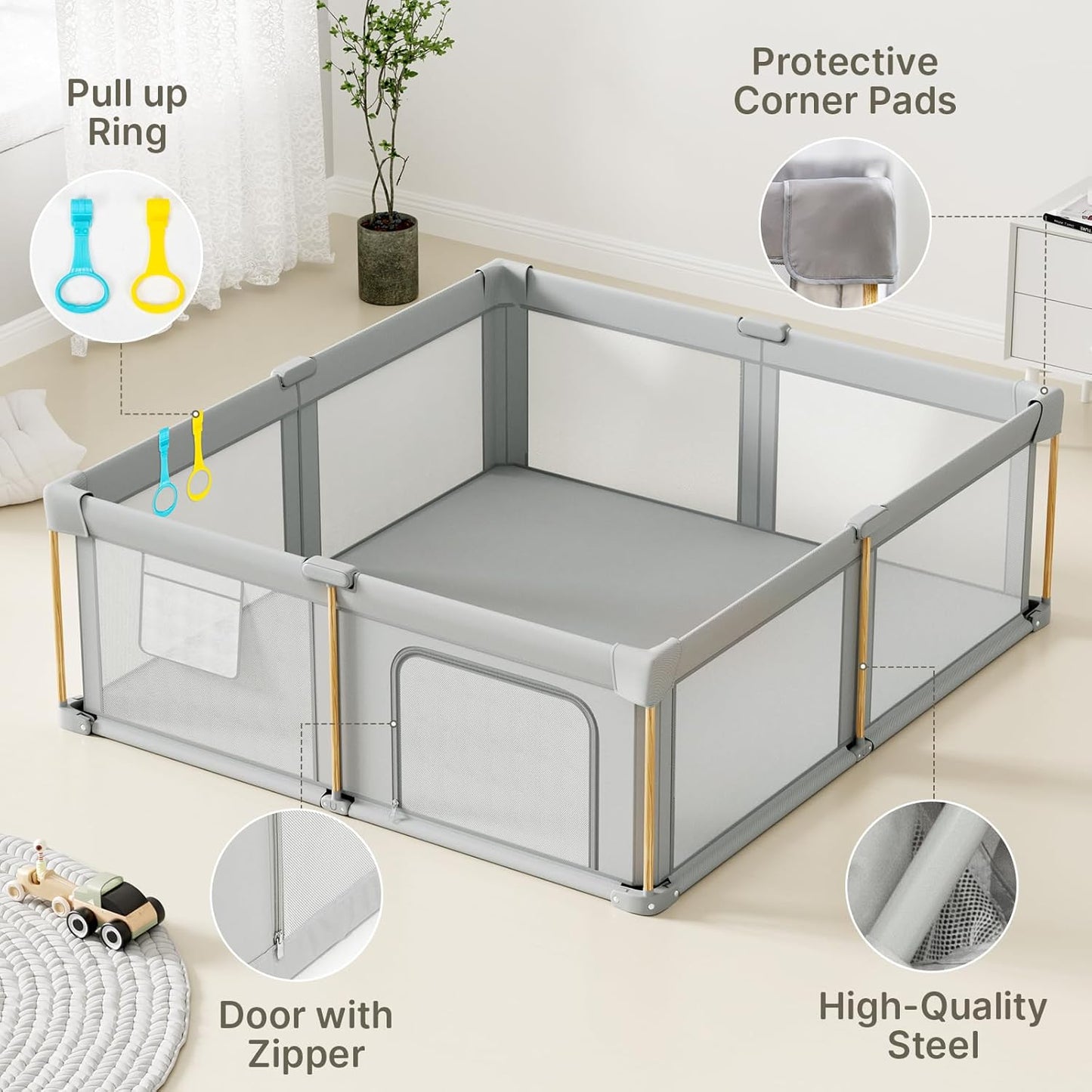 PRVAETU Foldable Baby Playpen with Mat, Play Yard Fence for Babies Boys Girls Toddlers, Large Playard W/ 300D Fabric for Infant and Kids