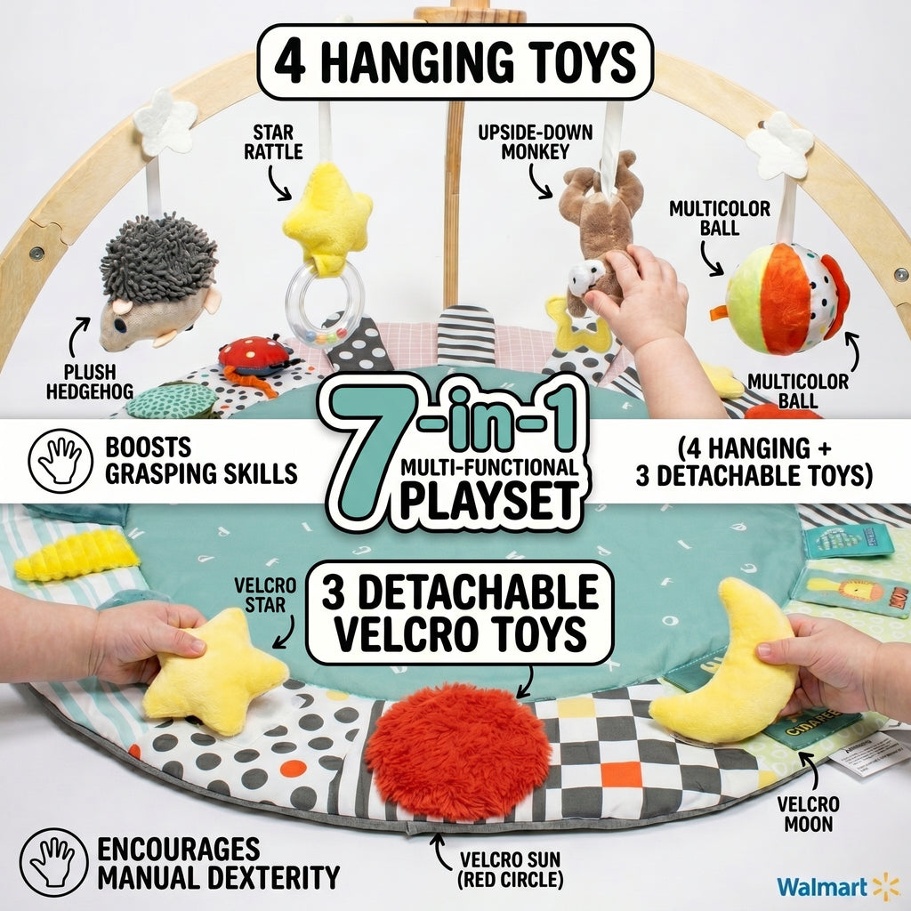 SY-Baby Play Mat with Wooden Play Gym and Detachable Sensory Toys for Infants, Tummy Time Activity Mat, Newborn Baby Gift