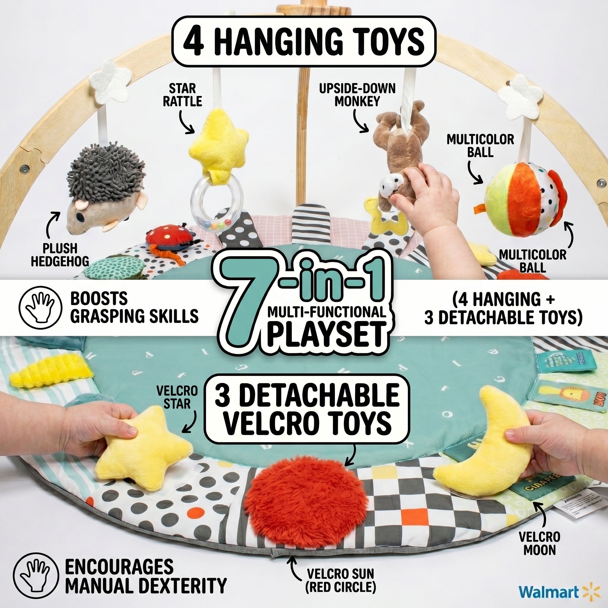 SY-Baby Play Mat with Wooden Play Gym and Detachable Sensory Toys for Infants, Tummy Time Activity Mat, Newborn Baby Gift
