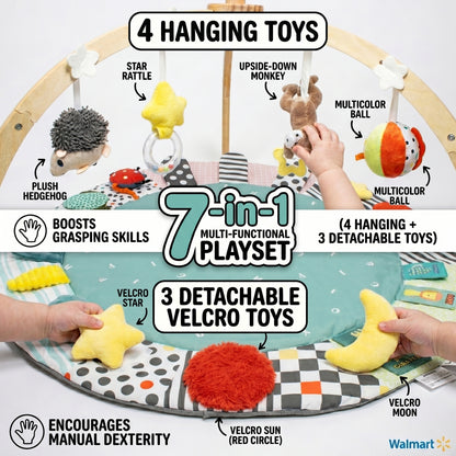 SY-Baby Play Mat with Wooden Play Gym and Detachable Sensory Toys for Infants, Tummy Time Activity Mat, Newborn Baby Gift