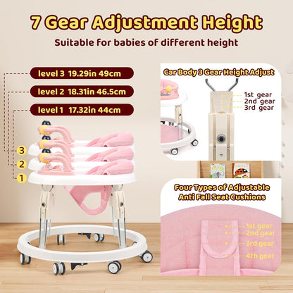 PRVAETU Foldable Baby Walker Activity Center W/ Wheels,Height Adjustable,Music Toy & Foot Pad for 6-18 Months Babies Infant Boys Girls