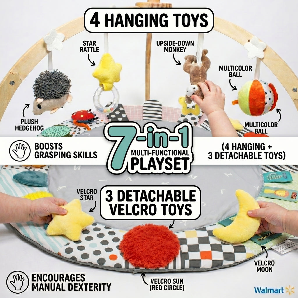 SY-Baby Play Mat with Wooden Play Gym and Detachable Sensory Toys for Infants, Tummy Time Activity Mat, Newborn Baby Gift