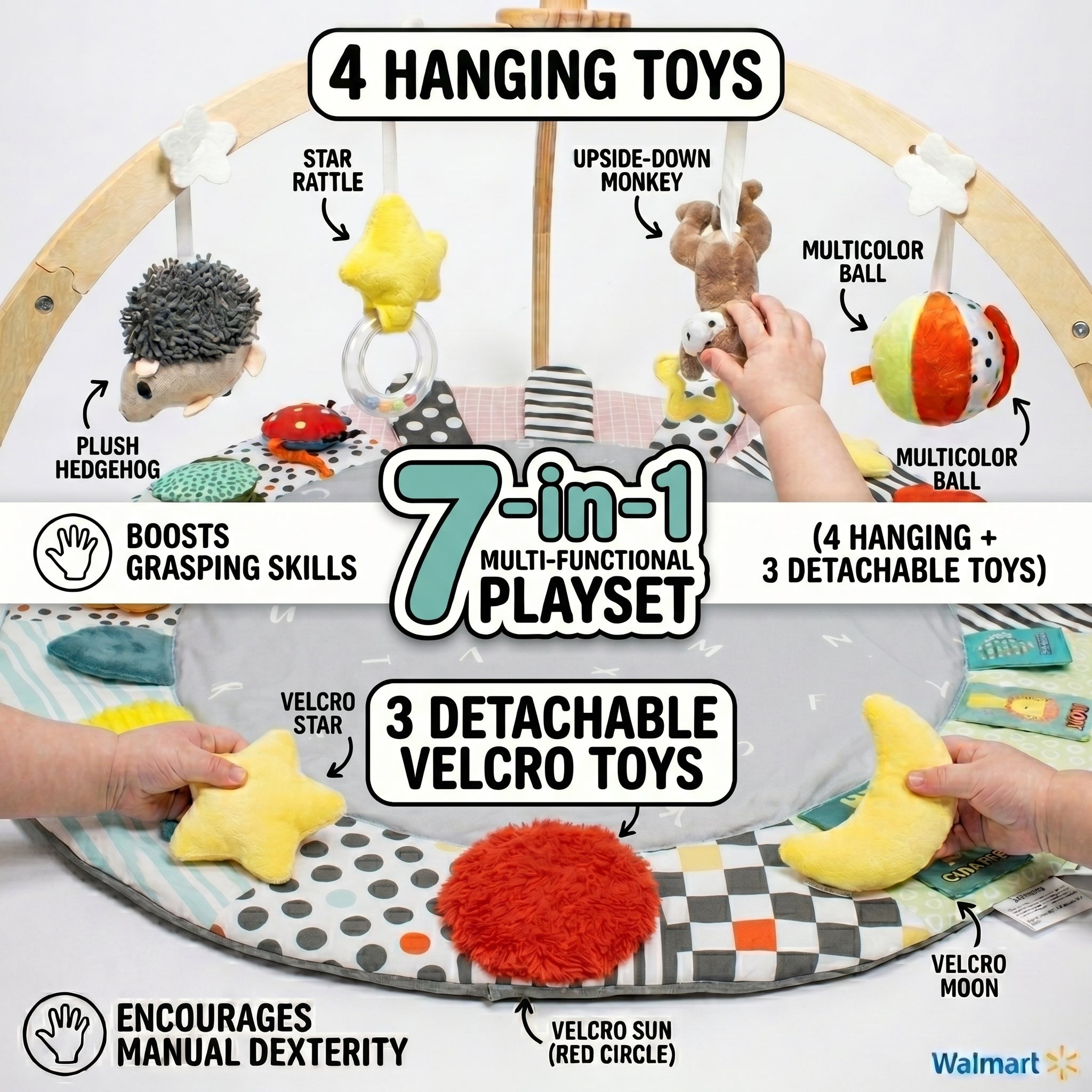 SY-Baby Play Mat with Wooden Play Gym and Detachable Sensory Toys for Infants, Tummy Time Activity Mat, Newborn Baby Gift