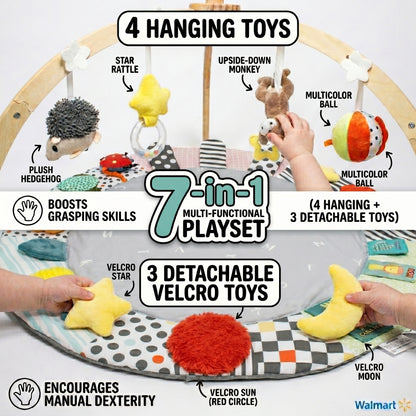SY-Baby Play Mat with Wooden Play Gym and Detachable Sensory Toys for Infants, Tummy Time Activity Mat, Newborn Baby Gift