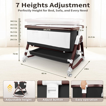PRVAETU 4 in 1 Baby Bassinet Bedside Sleeper W/ Wheels,Storage Basket,Adjustable 7 Heights,Mosquito Net,Breathable Mesh Cradle for Infants Toddler