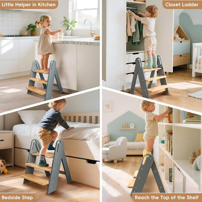 PRVAETU 3 layer Wooden Toddler Step Stool for Bathroom Sink, Foldable Kids Toilet Potty Training Stool with Handles, Child Kitchen Counter Tower Helper