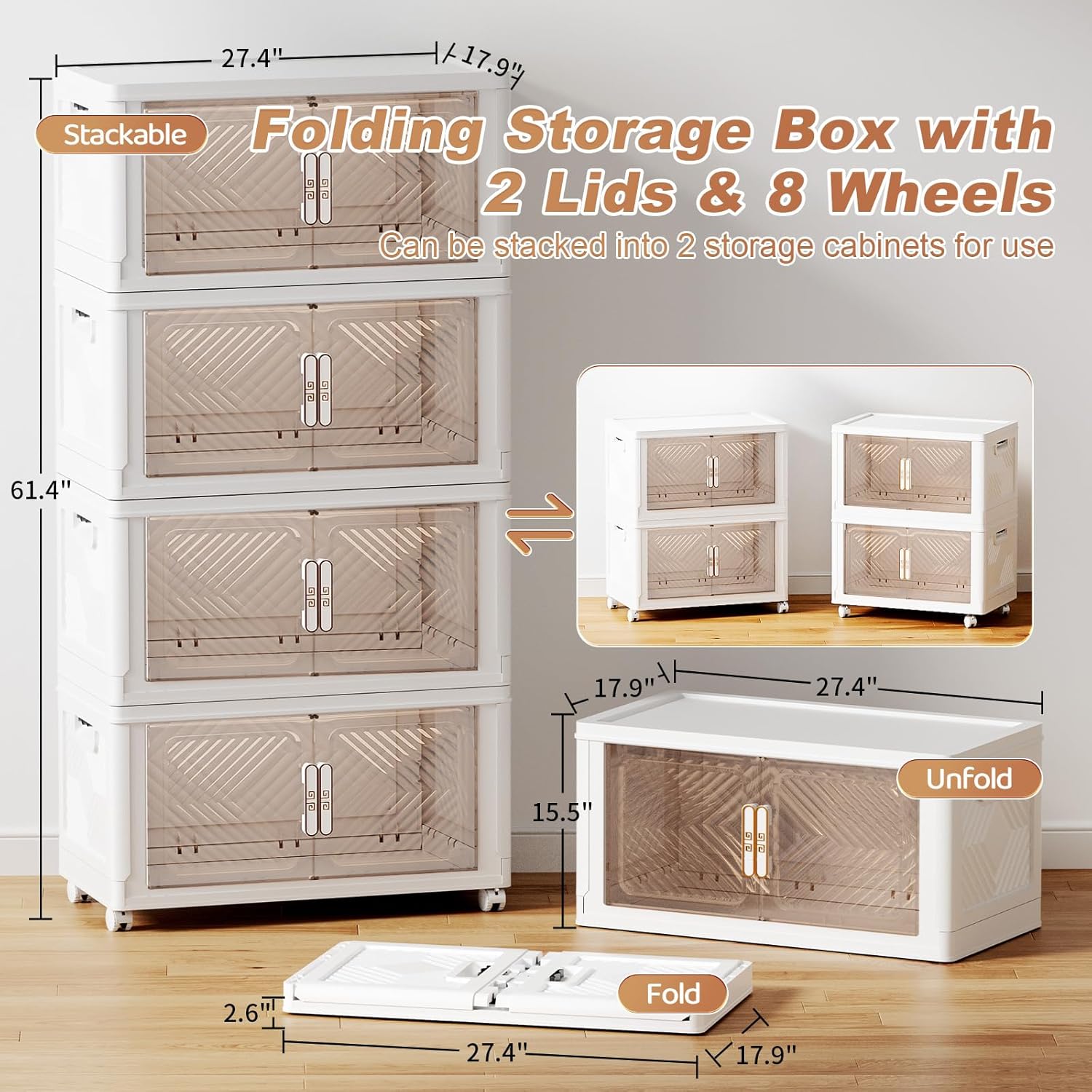 Storage Bins Storage Containers with Wheels and Magnetic Doors, Plastic Clothes Closet Organizers and Storage Box for Home and Office