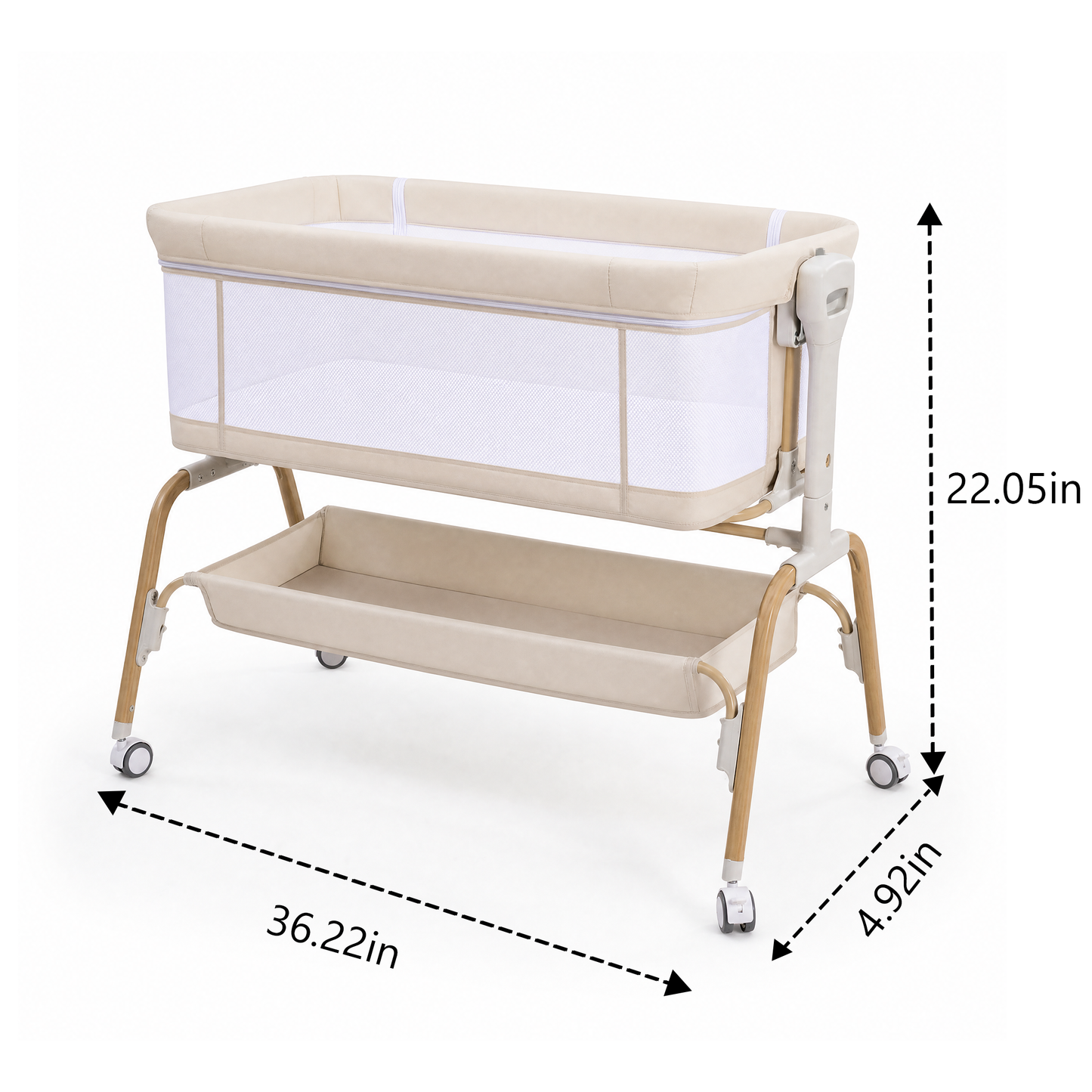 PRVATEU 4-in-1 Baby Bassinet Bedside Sleeper with Rocking Mode,8 Adjustable Heights,Wheels and Storage Basket,Beige