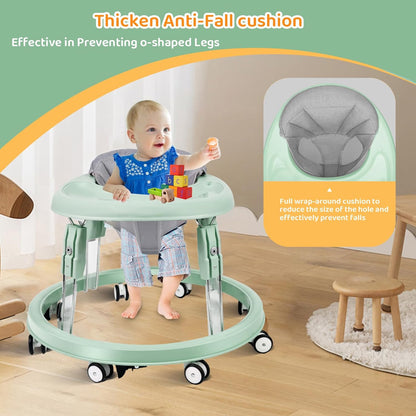 PRVAETU Foldable Baby Walker Activity Center W/ Wheels,Height Adjustable W/ Dinner Plate & Foot Pad for 6-18 Months Babies Infant Boys Girls