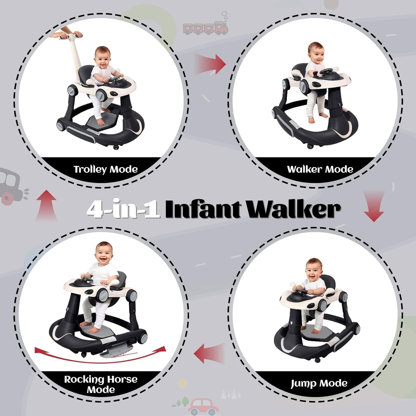 PRVAETU 5 in 1 Baby Walker for Boys Girls,Foldable,Music,Light,Jumper,Rocking,Push,Height Adjustable Training Activity for Babies Infant 6-18 Months