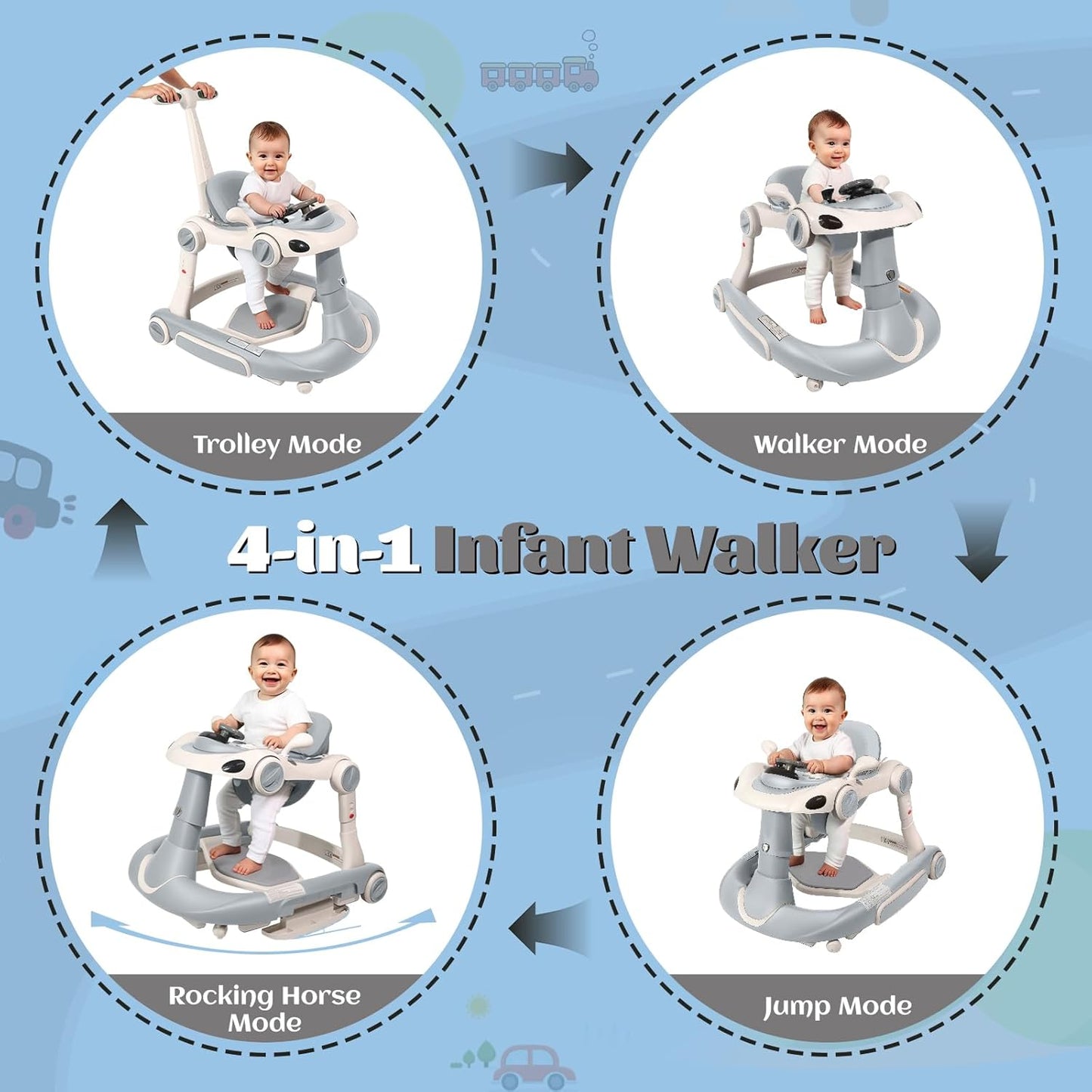 PRVAETU 5 in 1 Baby Walker for Boys Girls,Foldable,Music,Light,Jumper,Rocking,Push,Height Adjustable Training Activity for Babies Infant 6-18 Months