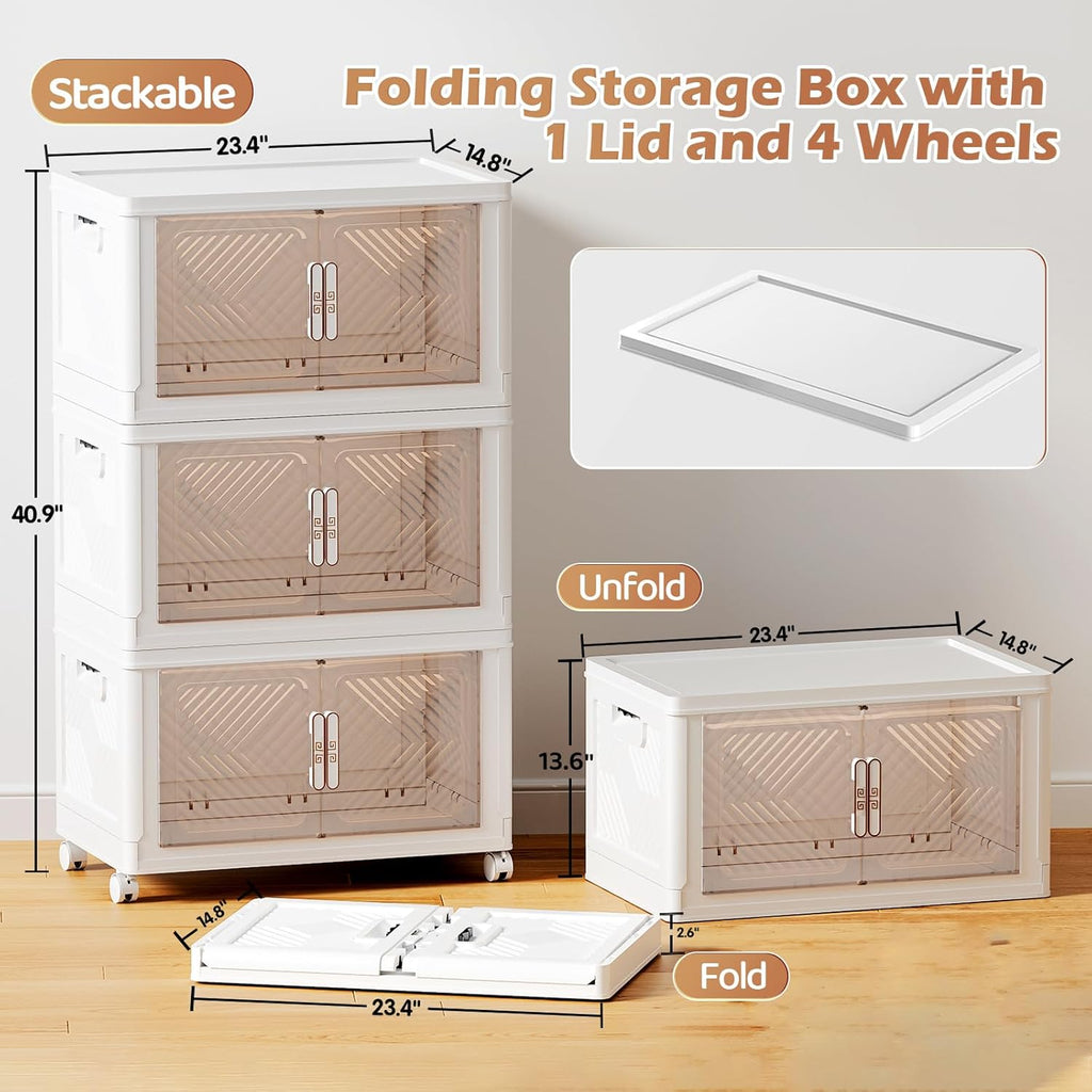 Storage Bins Storage Containers with Wheels and Magnetic Doors, Plastic Clothes Closet Organizers and Storage Box for Home and Office