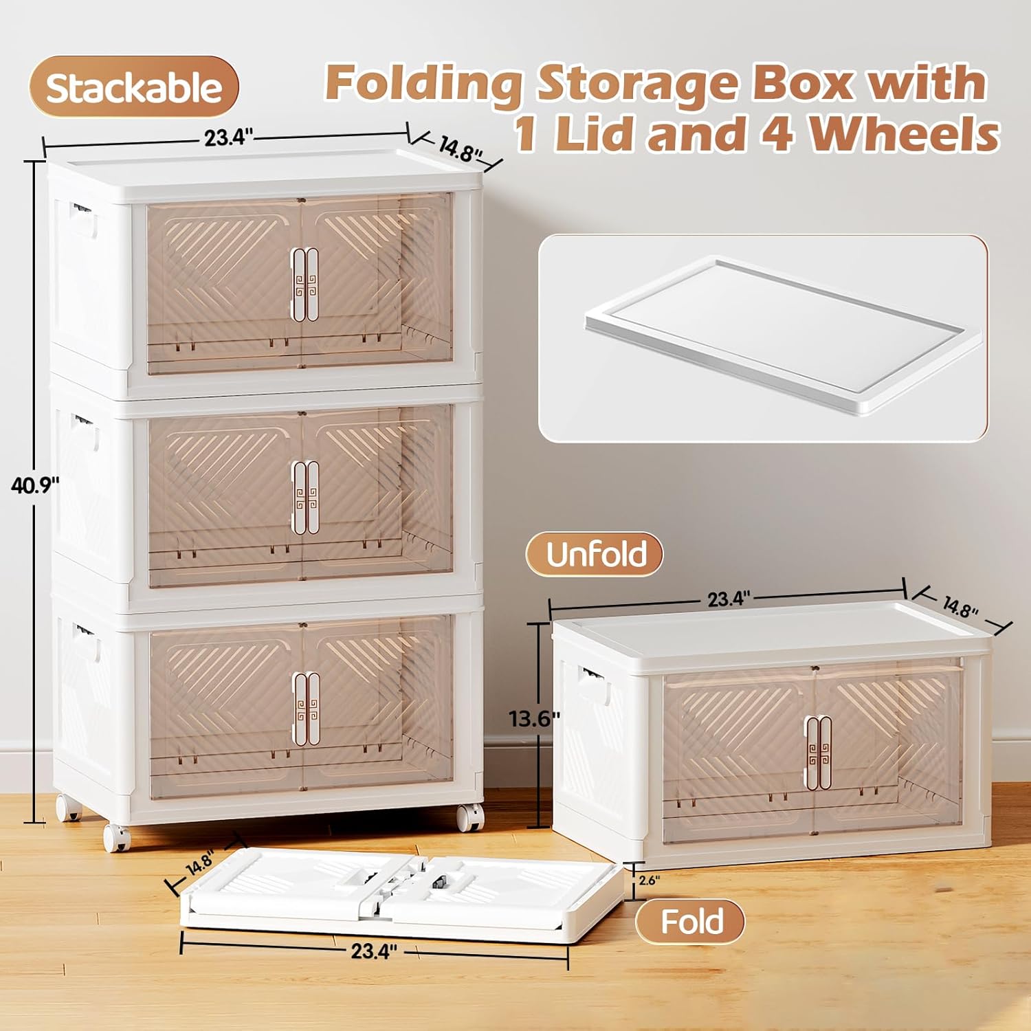 Storage Bins Storage Containers with Wheels and Magnetic Doors, Plastic Clothes Closet Organizers and Storage Box for Home and Office