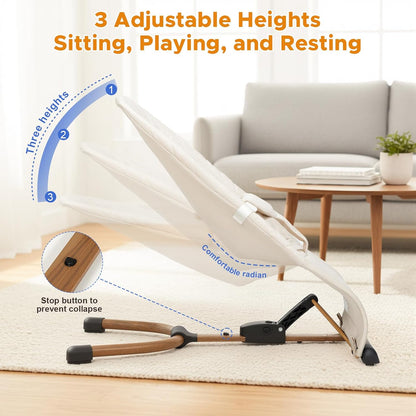PRVAETU 3 in 1 Baby Bouncer (Sit, Play & Relax),3 Recline Positions,Foldable Baby Rocker Chair W/ Removable Wooden Bar for 0-12 Months Infant & Toddler