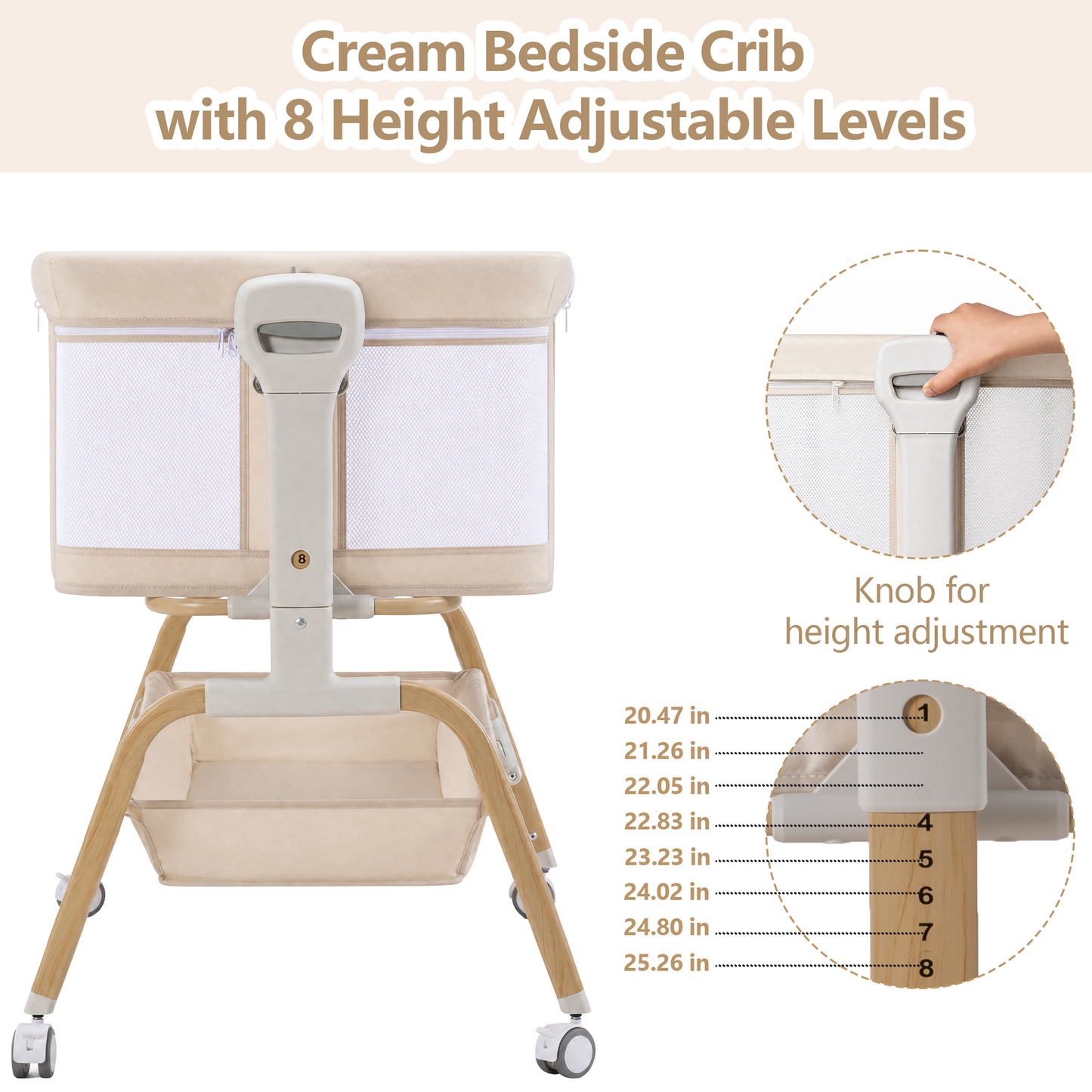 PRVATEU 4-in-1 Baby Bassinet Bedside Sleeper with Rocking Mode,8 Adjustable Heights,Wheels and Storage Basket,Beige