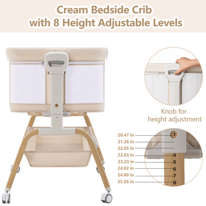 PRVATEU 4-in-1 Baby Bassinet Bedside Sleeper with Rocking Mode,8 Adjustable Heights,Wheels and Storage Basket,Beige