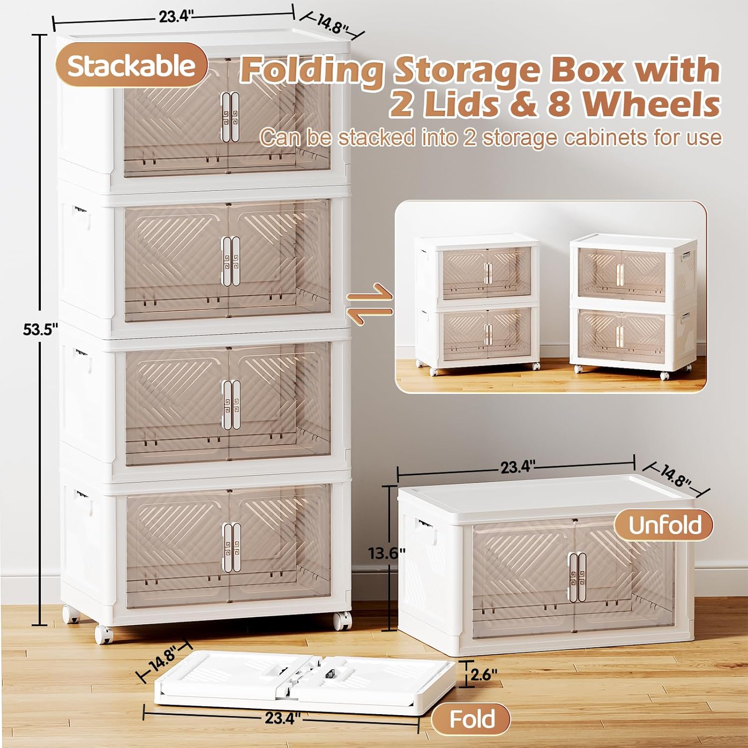 Storage Bins Storage Containers with Wheels and Magnetic Doors, Plastic Clothes Closet Organizers and Storage Box for Home and Office