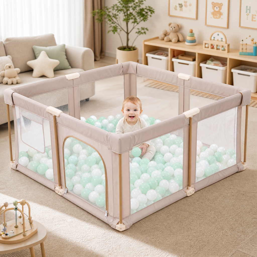 PRVAETU Foldable Baby Playpen with 50 Ocean Balls,Collapsible Play Pen for Babies and Toddlers,Khaki