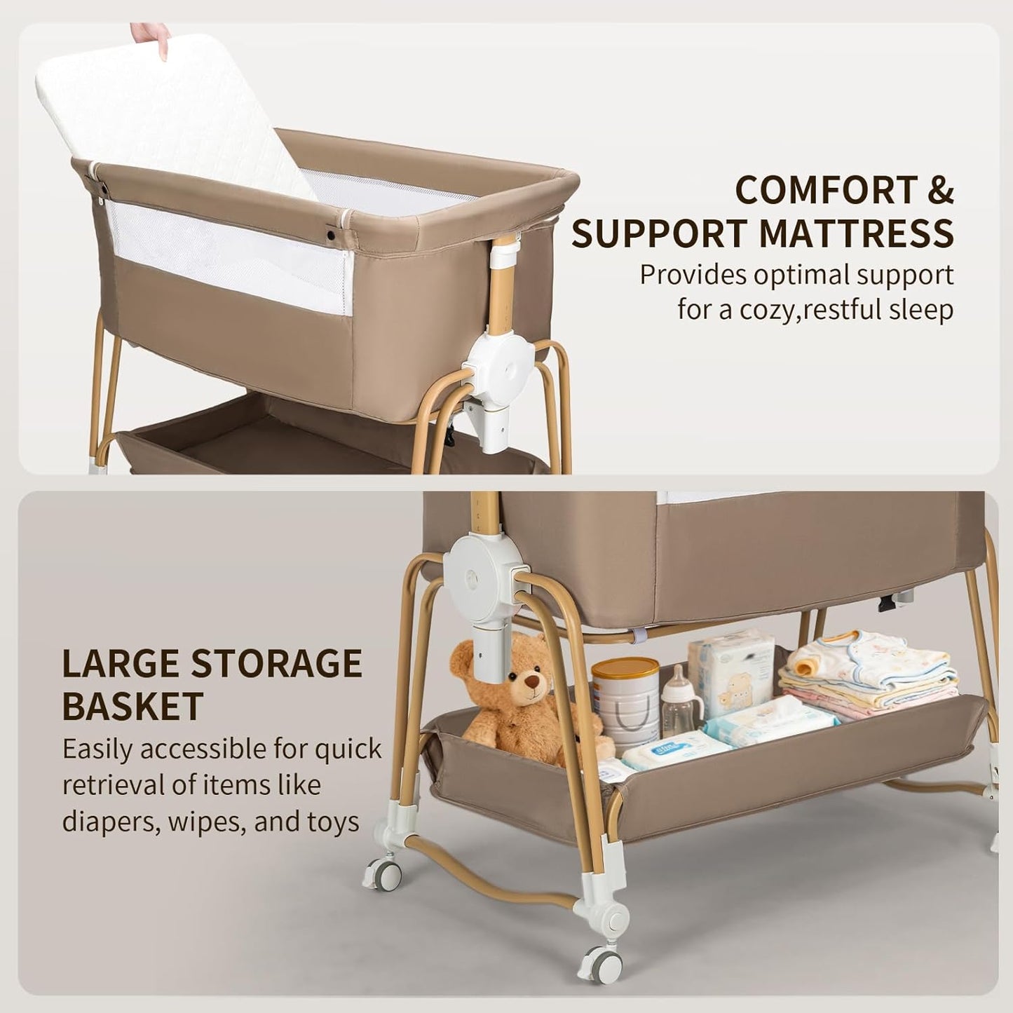 PRVAETU 4-in-1 Baby Bassinet & Bedside Sleeper for Babies, 7-Level Height Adjustable, Wheels with Storage Basket, Breathable Mesh,White